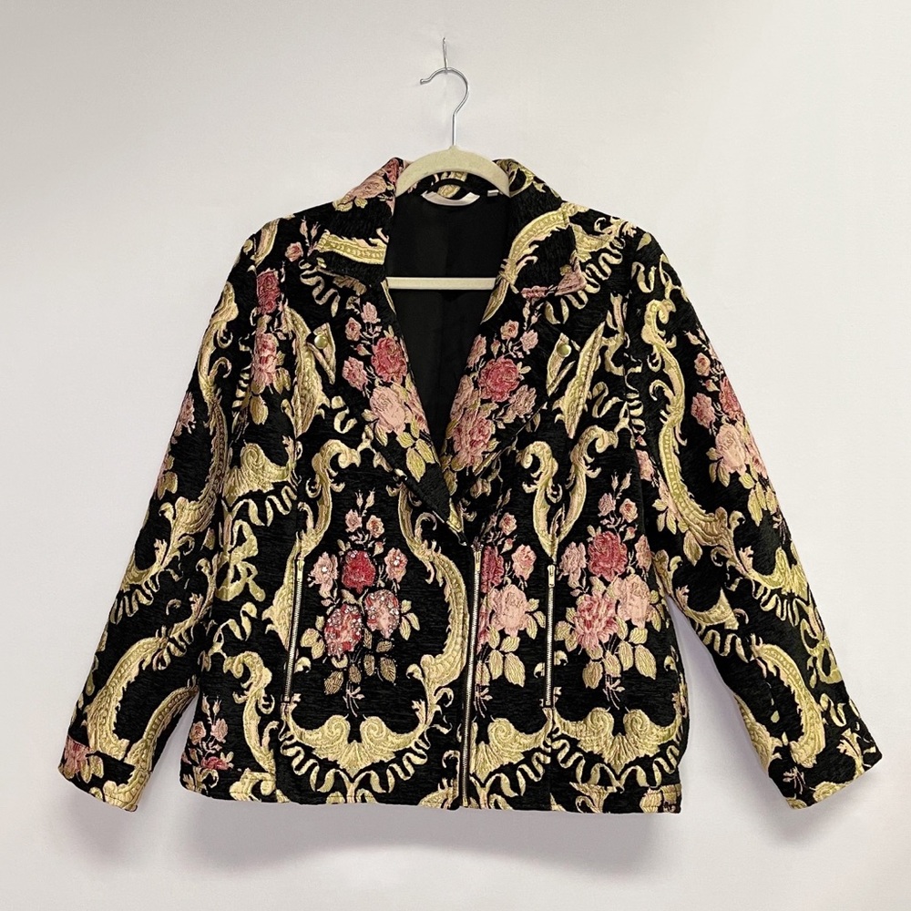 🌸Soft Surroundings Black/Gold Brocade Moto Jacket